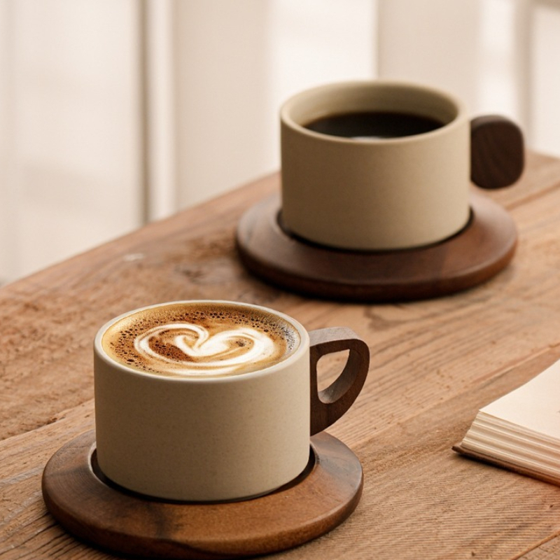 고풍스러운 스타일의 흙으로 만든 머그컵 세트, 나무 받 - Coffee Tea Name 리뷰 및 가격