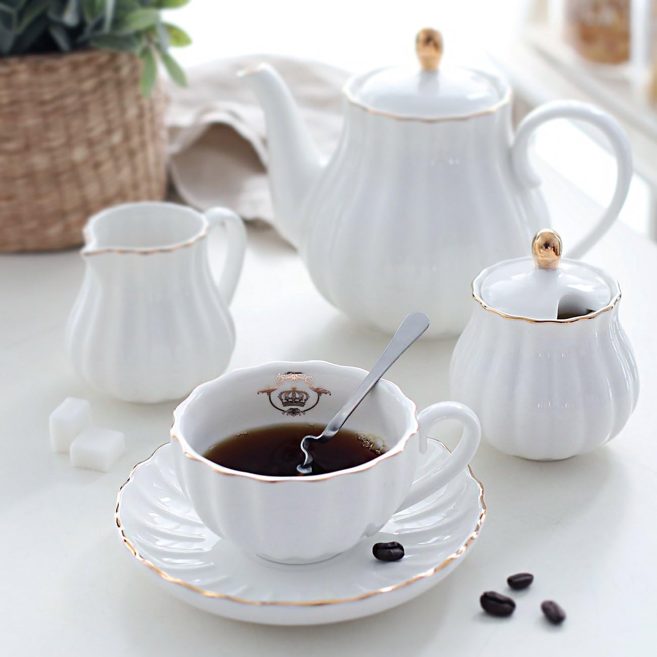 순백색 도자기 티 세트, 영국 왕실 스타일, 6인용으로 - Coffee Tea Sugar 리뷰 및 가격